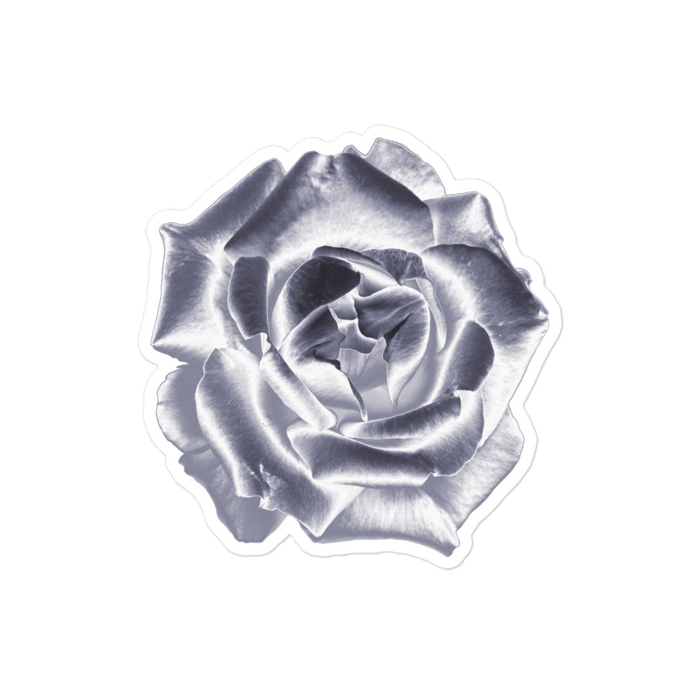 A medium kiss-cut vinyl sticker with an image of a silver reflective rose.