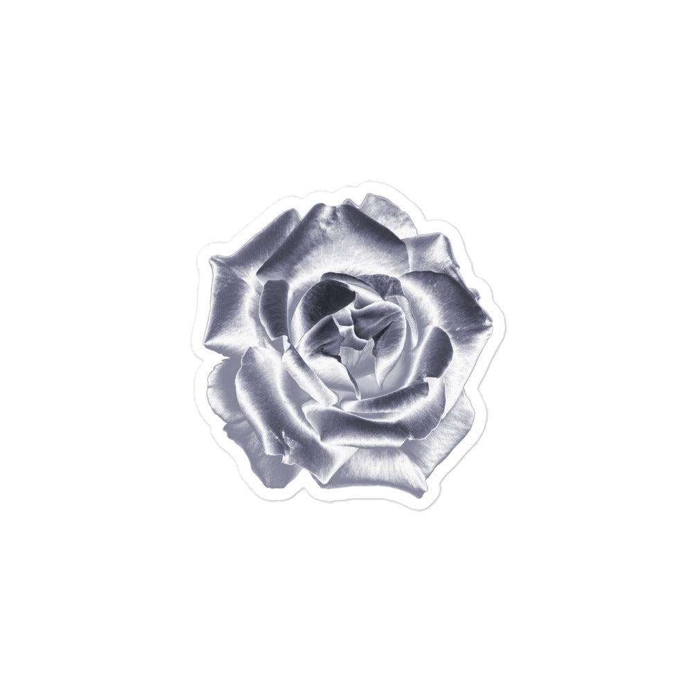 A small kiss-cut vinyl sticker with an image of a silver reflective rose.