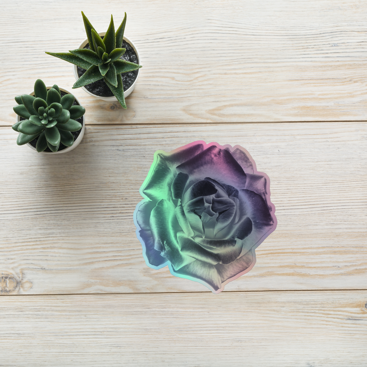 Lifestyle photo of a kiss-cut holographic sticker with an image of a reflective silver rose design, placed on a table with two small succulents.