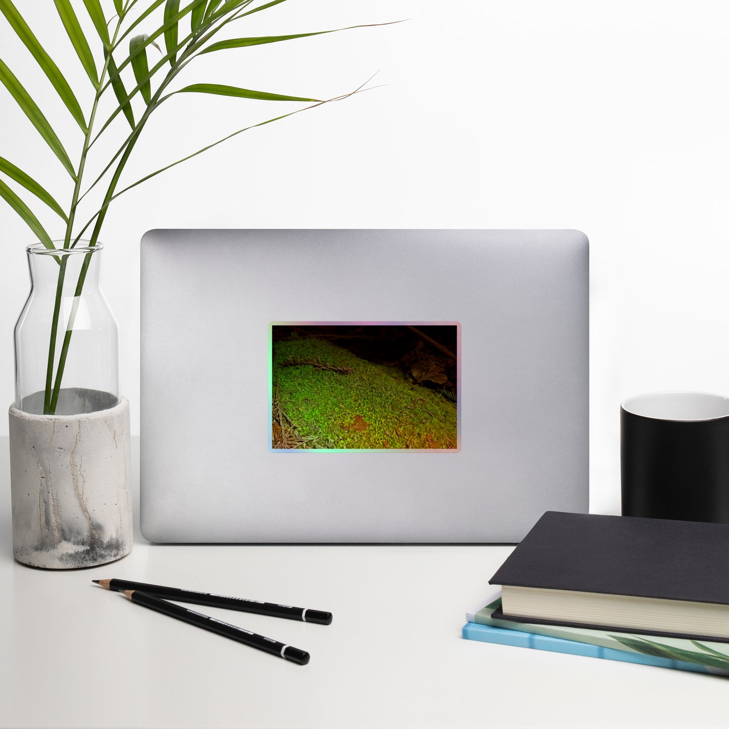 Lifestyle photo of a rectangular holographic sticker with an image of a layer of bright green moss on a fallen tree with redwood needles nearby, placed on a laptop with desk supplies nearby.