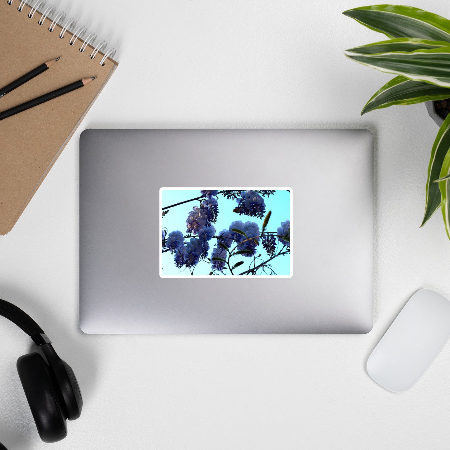 Lifestyle photo of a rectangular vinyl sticker with an image of a blue sky and purple wisteria blooms, placed on the outside of a laptop.