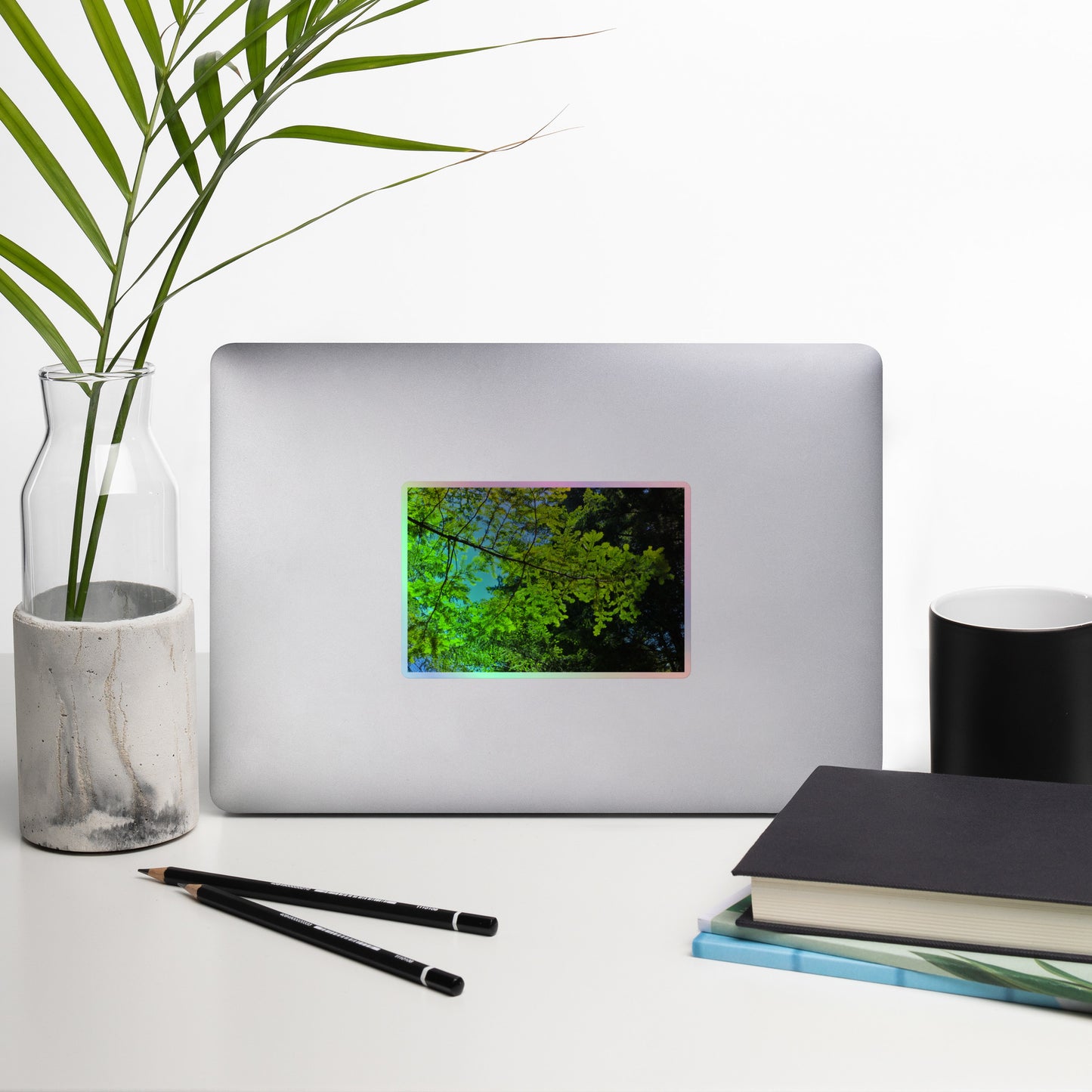 Lifestyle photo of a rectangular holographic sticker with an image of a redwood tree branch with blue sky behind it, placed on a laptop with desk supplies nearby.