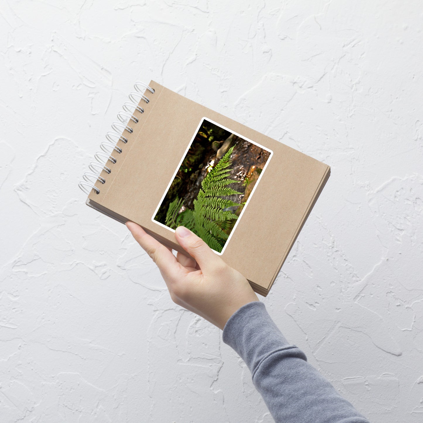 Lifestyle photo of a rectangular vinyl sticker with an image of a fern in front of a forest creek, placed on a small notepad.