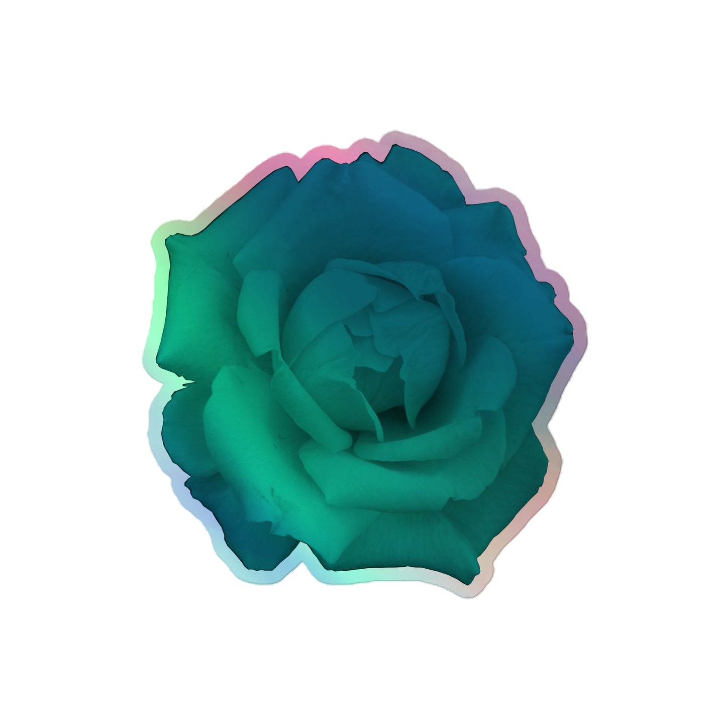 A medium kiss-cut holographic sticker with an image of a vivid turquoise rose design.