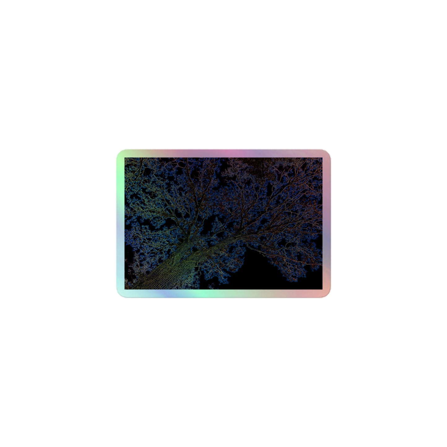 A small rectangular holographic sticker with an image of a yellow and blue neon tree lightning design.