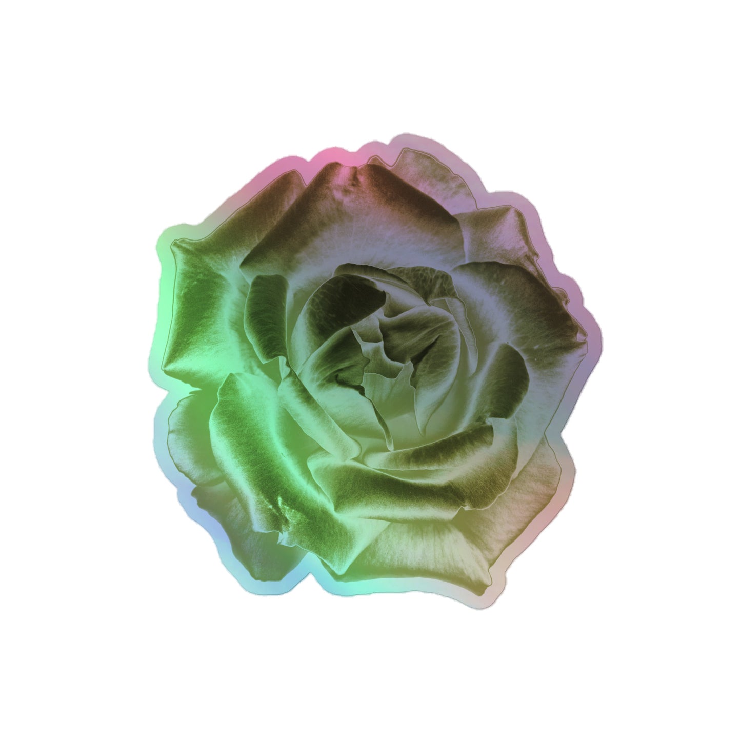 A medium kiss-cut holographic sticker with an image of a reflective yellow rose design.