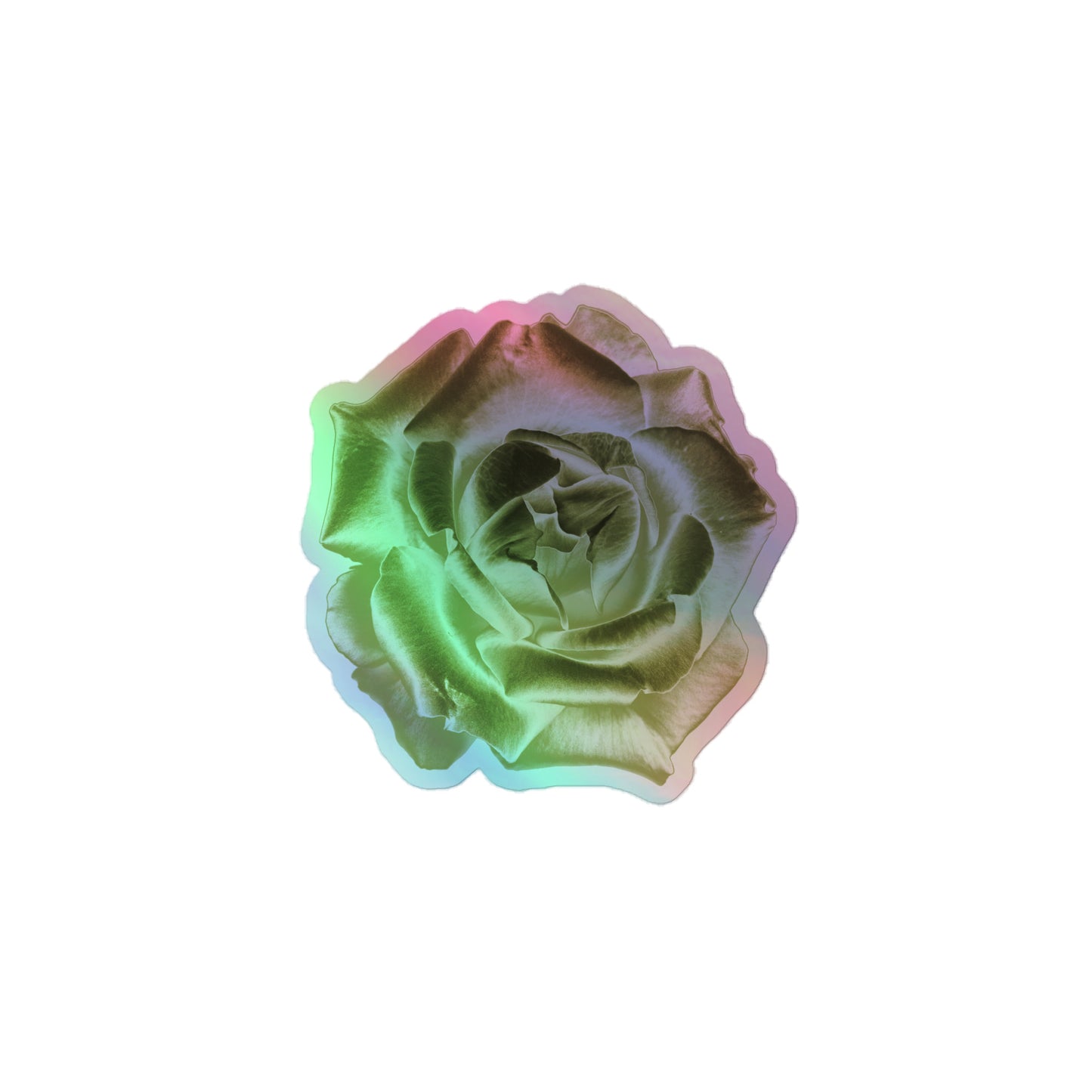 A small kiss-cut holographic sticker with an image of a reflective yellow rose design.