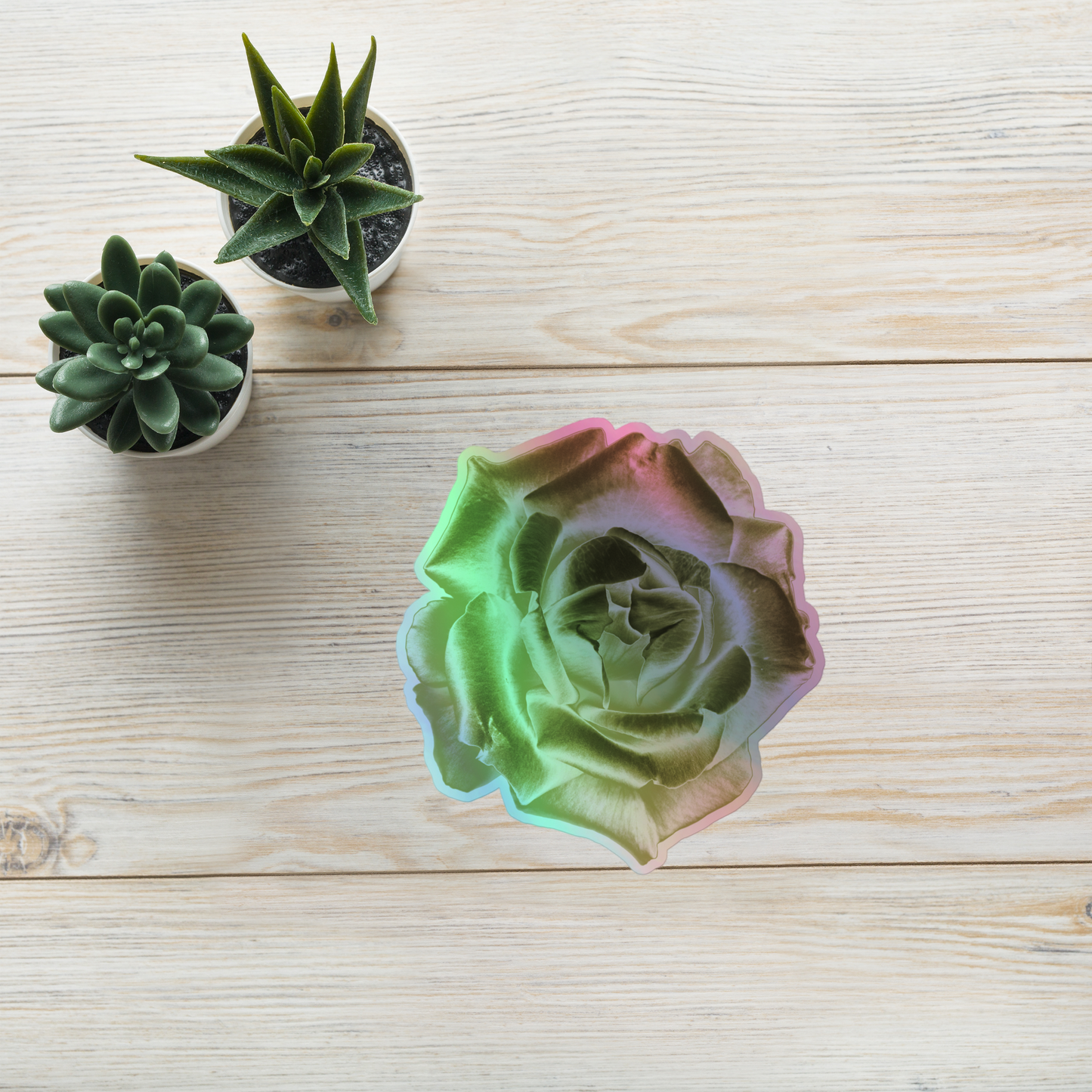 Lifestyle photo of a kiss-cut holographic sticker with an image of a reflective yellow rose design, placed on a table with two small succulents.