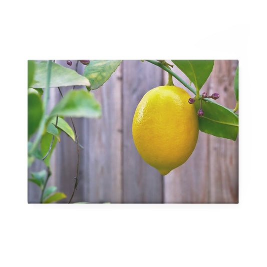 A rectangular button magnet with an image of a bright yellow lemon hanging from a green leafy branch against a wooden fence background.