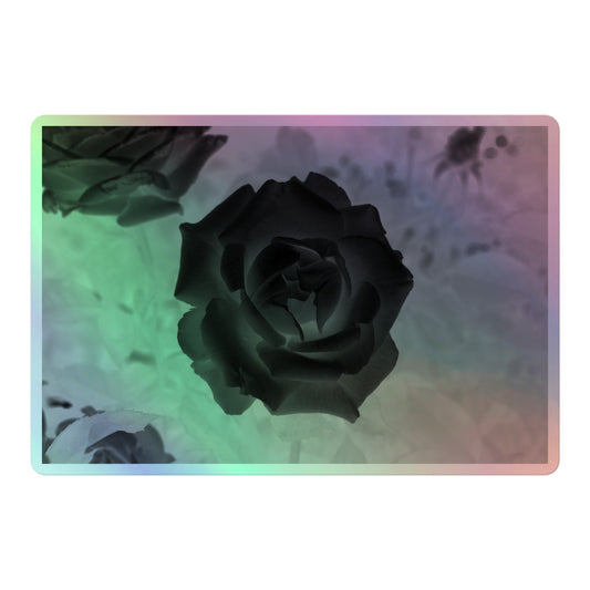 A large rectangular holographic sticker with an image of a black x-ray rose design.