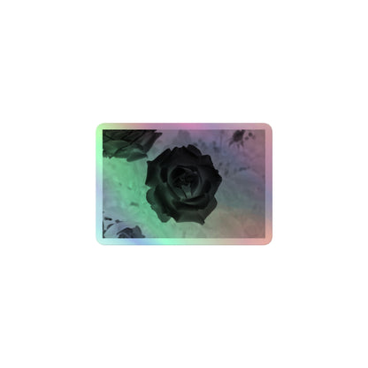 A small rectangular holographic sticker with an image of a black x-ray rose design.
