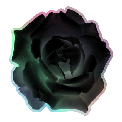 A large kiss-cut holographic sticker with an image of a black x-ray rose design.