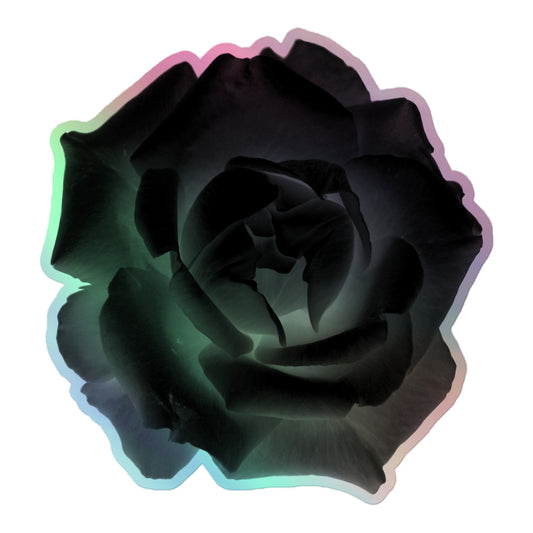 A large kiss-cut holographic sticker with an image of a black x-ray rose design.