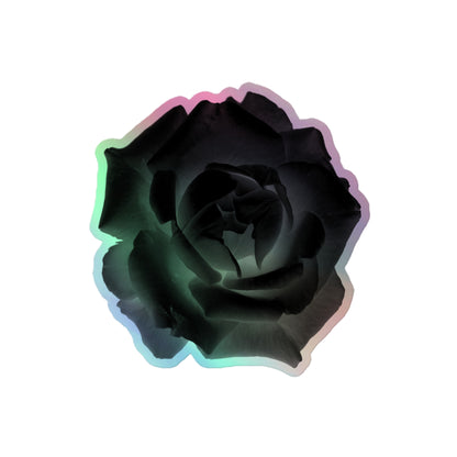 A medium kiss-cut holographic sticker with an image of a black x-ray rose design.