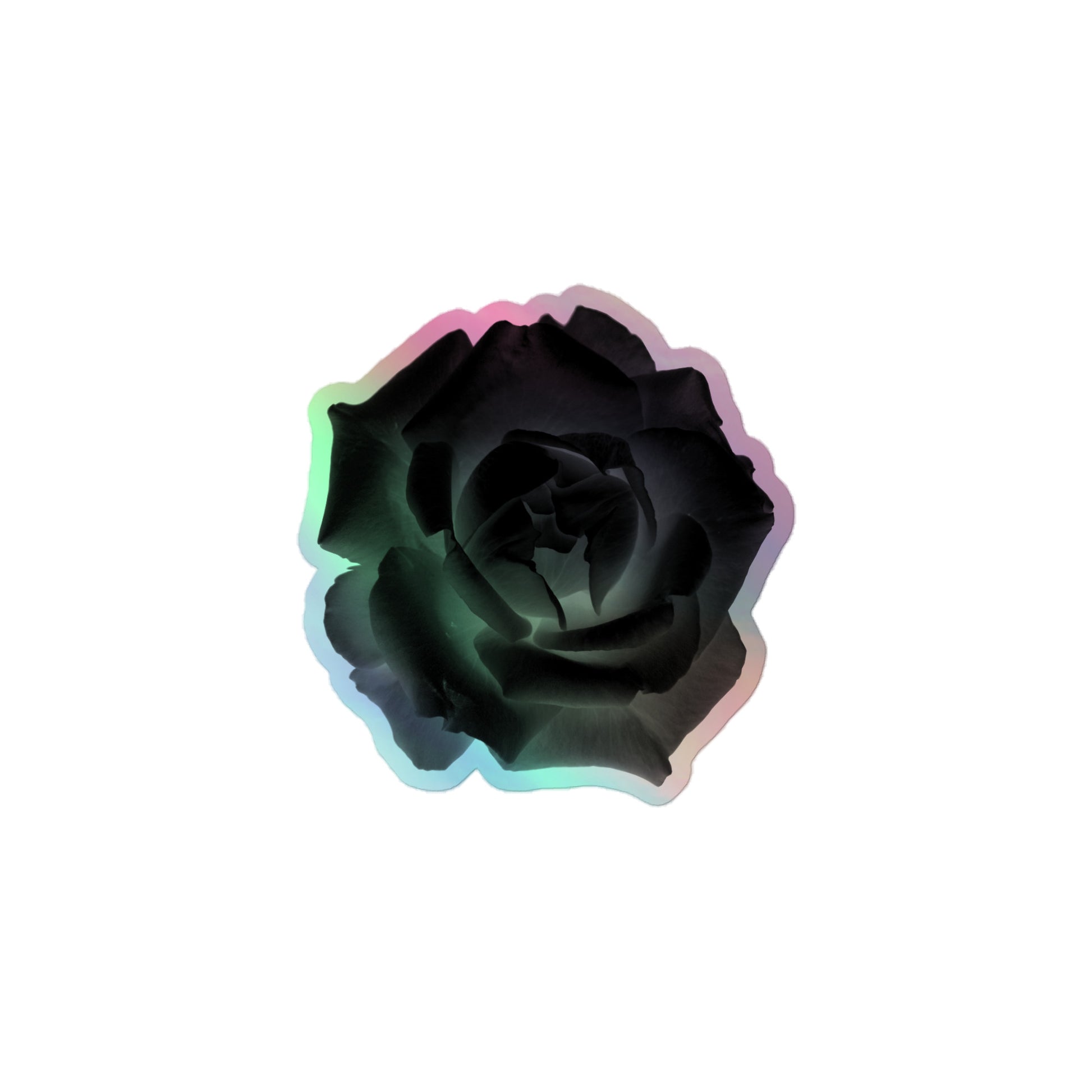 A small kiss-cut holographic sticker with an image of a black x-ray rose design.