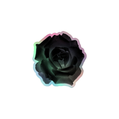 A small kiss-cut holographic sticker with an image of a black x-ray rose design.