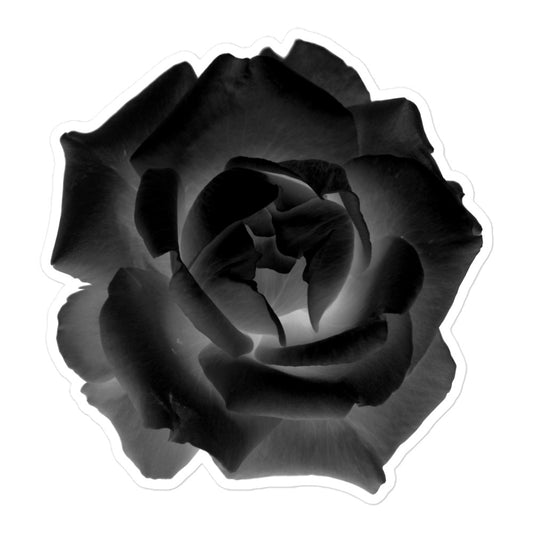 A large kiss-cut vinyl sticker with an image of a black x-ray rose design.