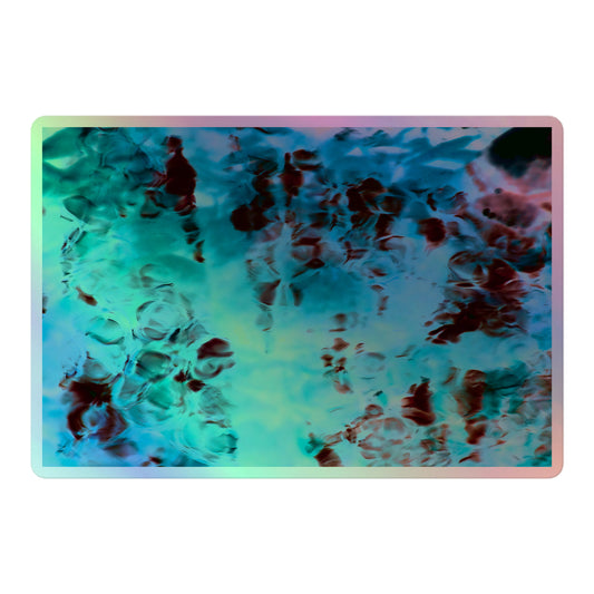 A large rectangular holographic sticker with an image of a vivid blue and red water reflection design.