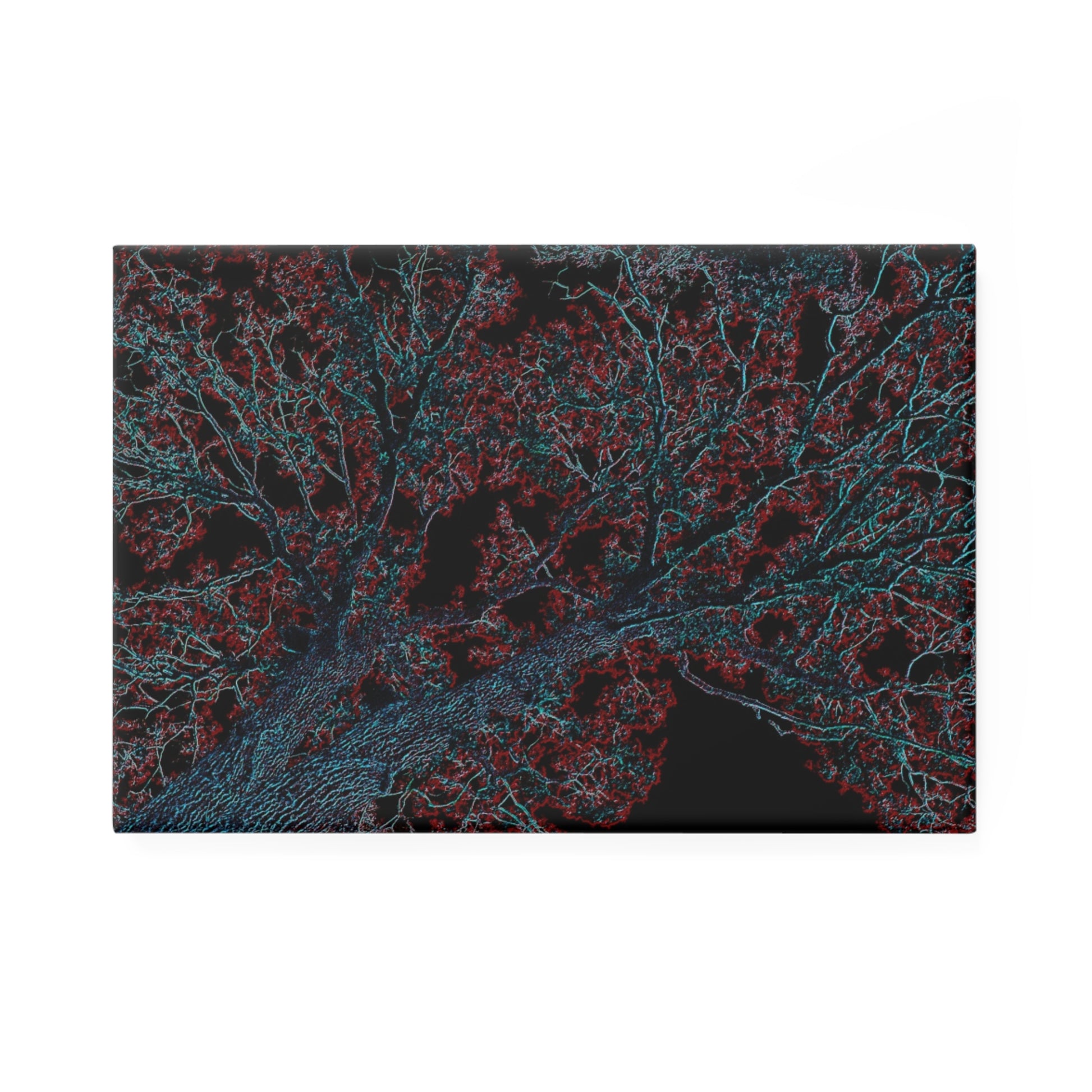 A rectangular button magnet with an image of a neon blue and red tree design with lightning like features.