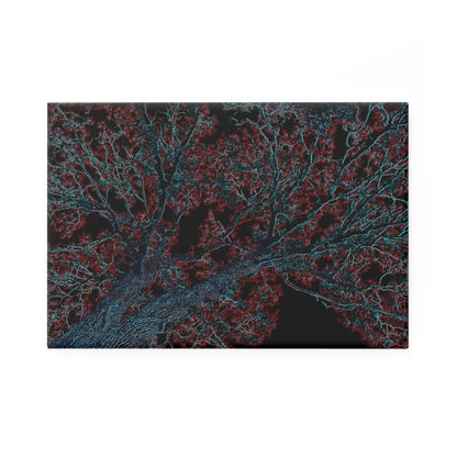 A rectangular button magnet with an image of a neon blue and red tree design with lightning like features.