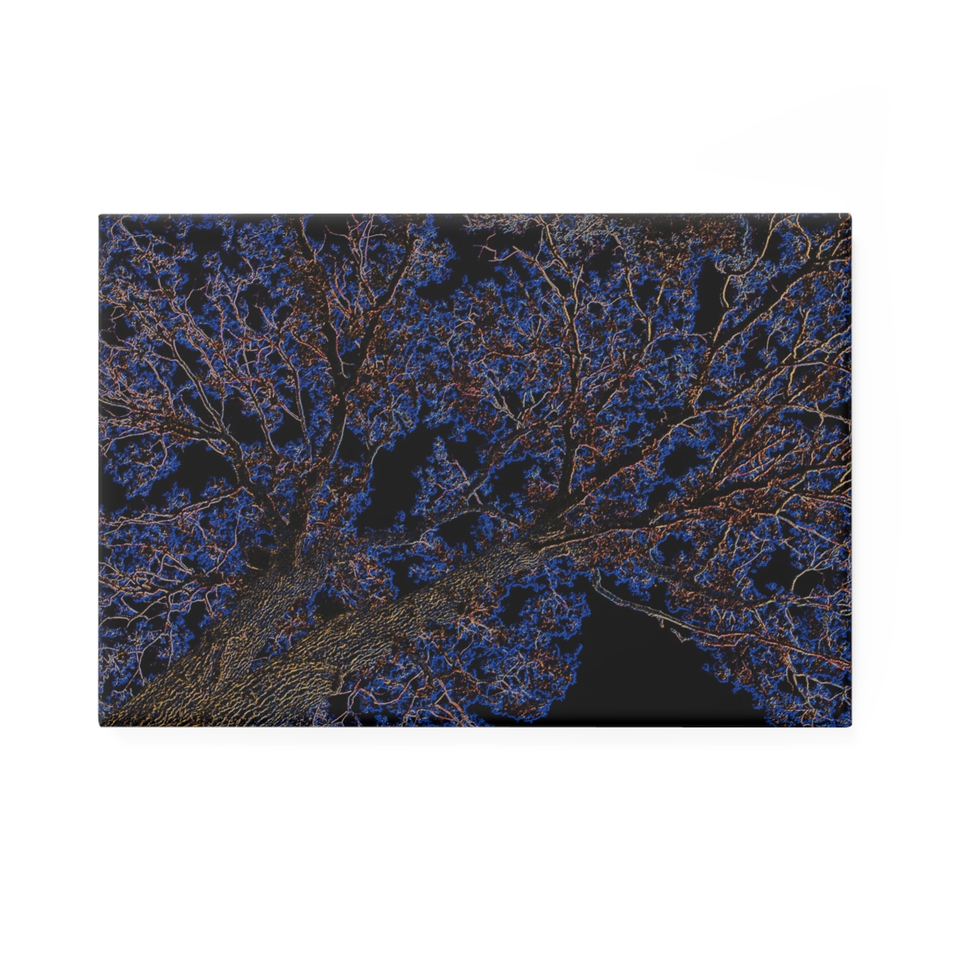 A rectangular button magnet with an image of a neon blue and yellow tree design with lightning like features.