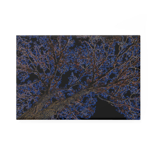 A rectangular button magnet with an image of a neon blue and yellow tree design with lightning like features.