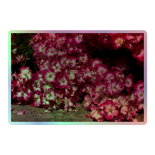 A large rectangular holographic sticker with an image of many pink flowers with white centers.