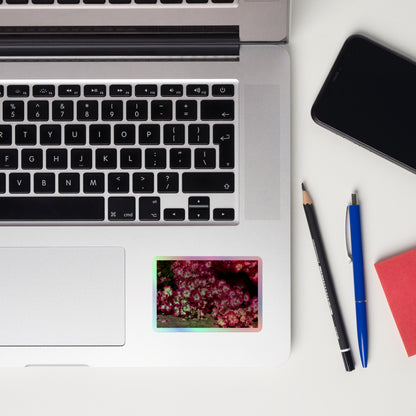 Lifestyle photo of a rectangular holographic sticker with an image of many pink flowers with white centers, placed on a laptop to the right of the mouse pad.