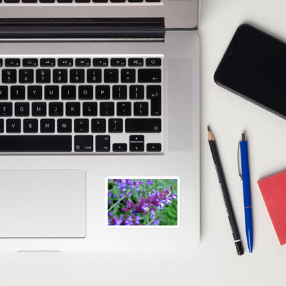 Lifestyle photo of a rectangular vinyl sticker with a close-up image of purple sage, placed on a laptop to the right of the mouse pad.