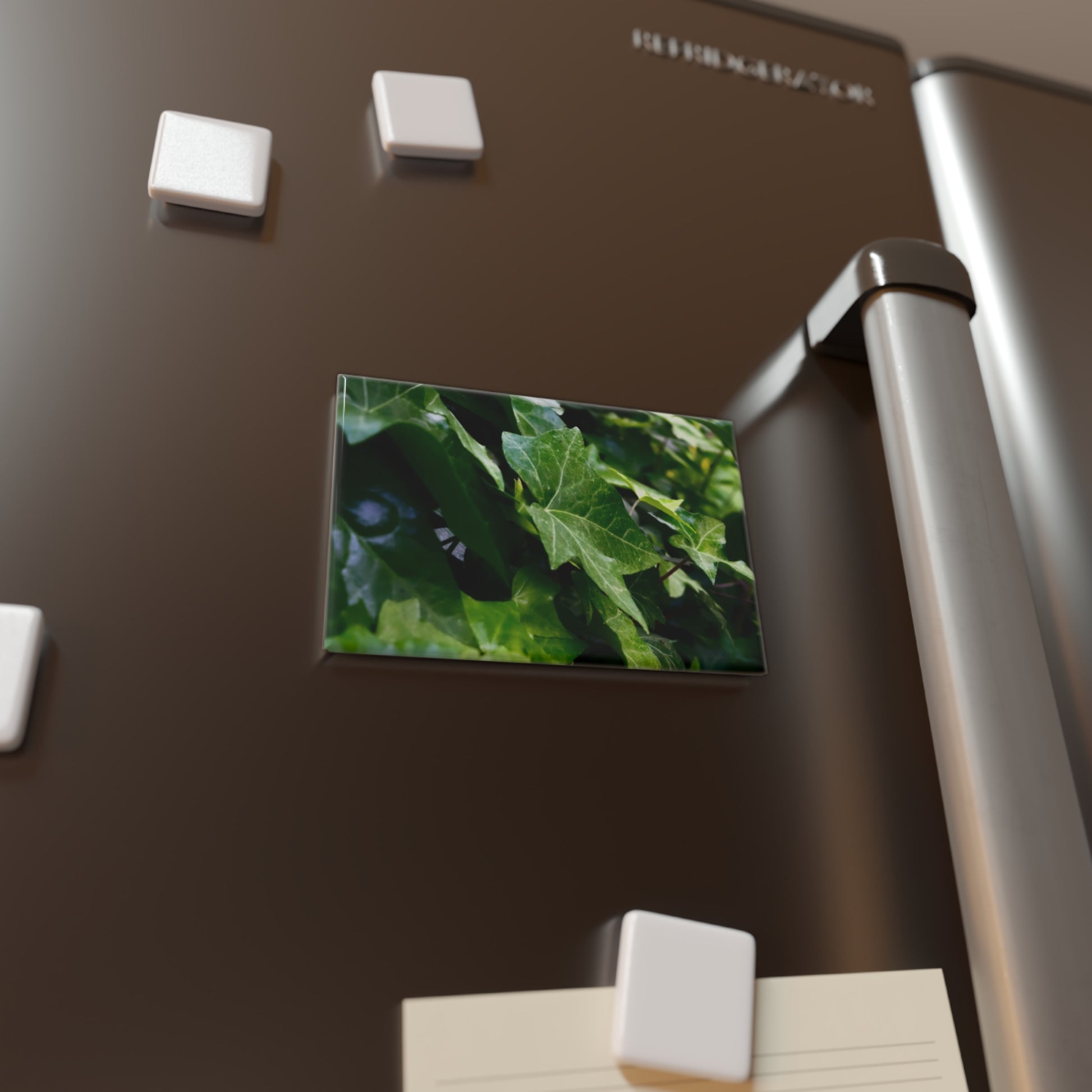 Lifestyle photo of a rectangular button magnet featuring a close-up of dark green ivy leaves, placed on a fridge.