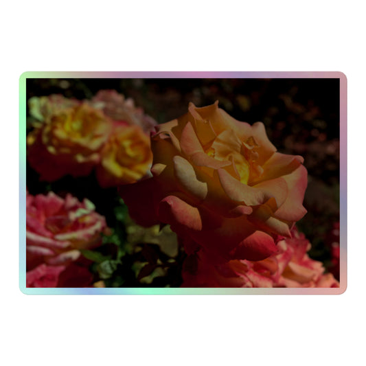 A large rectangular holographic sticker with an image of pink, orange and yellow roses in a garden.
