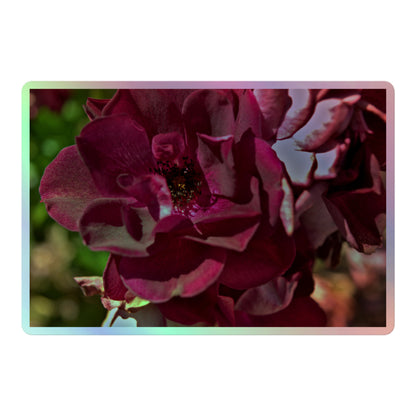 A large rectangular holographic sticker with a close up image of a maroon rose bloom.