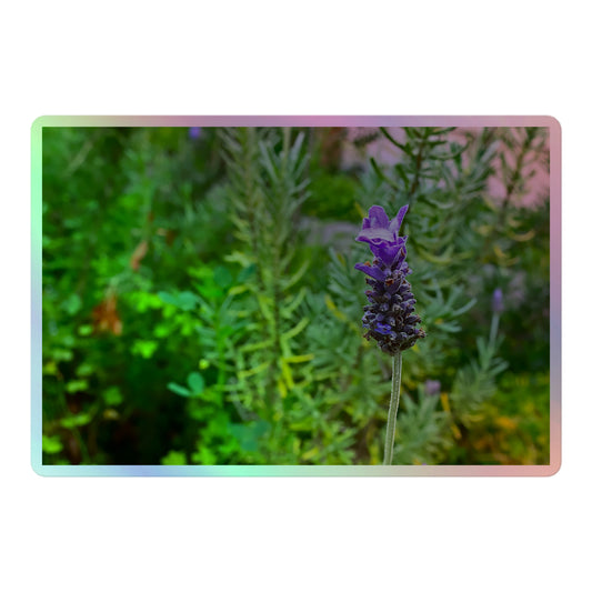 A large rectangular holographic sticker with an image of a purple lavender bloom in an herb garden.