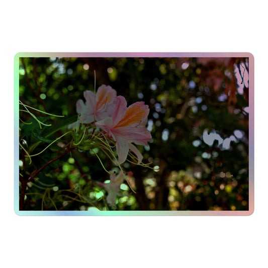 A large rectangular holographic sticker with an image of light pink azaleas with orange accents in a garden.
