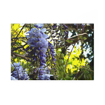 A rectangular button magnet with an image of vibrant green leaves and purple wisteria flowers in the foreground.