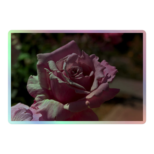 A large rectangular holographic sticker with a close up image of a light pink rose bloom.