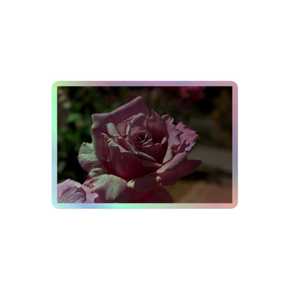 A medium rectangular holographic sticker with a close up image of a light pink rose bloom.