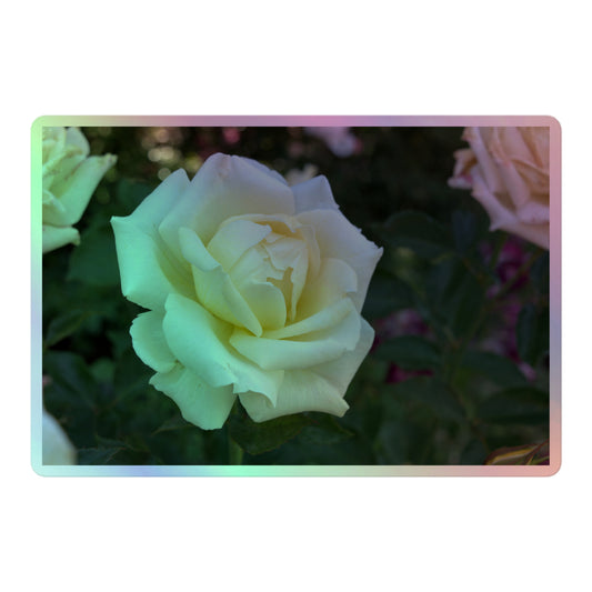 A large rectangular holographic sticker with an image of a cluster of white roses with dark green leaves.