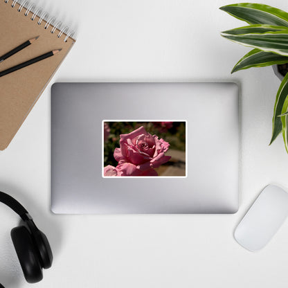 Lifestyle photo of a rectangular vinyl sticker with a close-up image of a bright pink rose bloom, placed on the outside of a laptop.