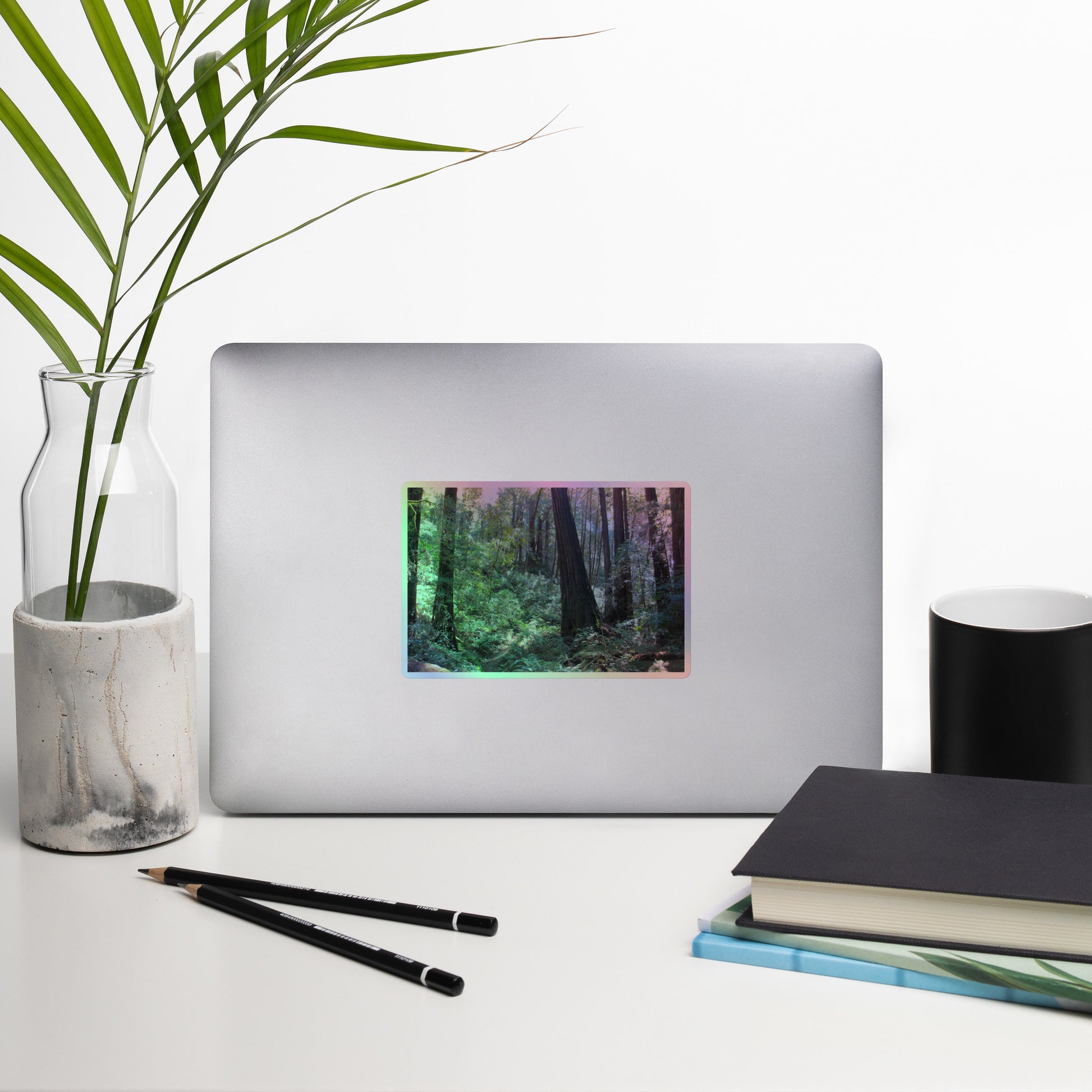 Lifestyle photo of a rectangular holographic sticker with an image of a trail through a redwood forest with lots of green underbrush, placed on a laptop with desk supplies nearby.