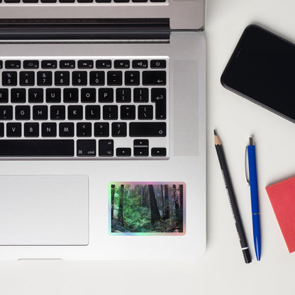 Lifestyle photo of a rectangular holographic sticker with an image of a trail through a redwood forest with lots of green underbrush, placed on a laptop to the right of the mouse pad.