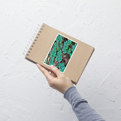 Lifestyle photo of a rectangular vinyl sticker with an image of a field of vivid green clovers and redwood needles, placed on a small notepad.