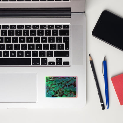 Lifestyle photo of a rectangular holographic sticker with an image of vivid green clover among redwood needles, placed on a laptop to the right of the mouse pad.