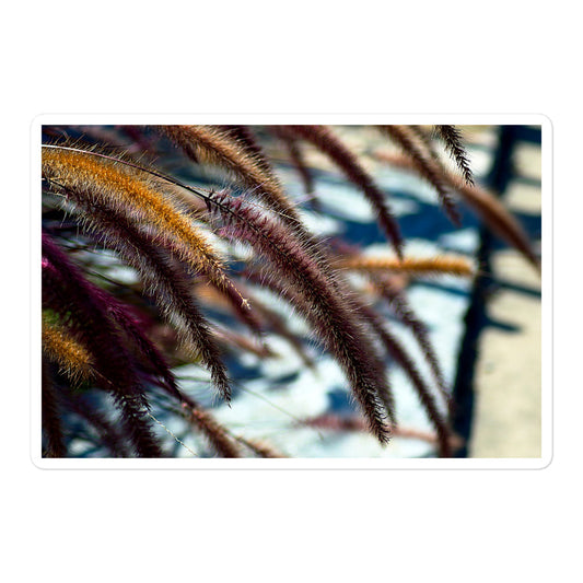 A large rectangular vinyl sticker with an image of yellow and purple foxtails.