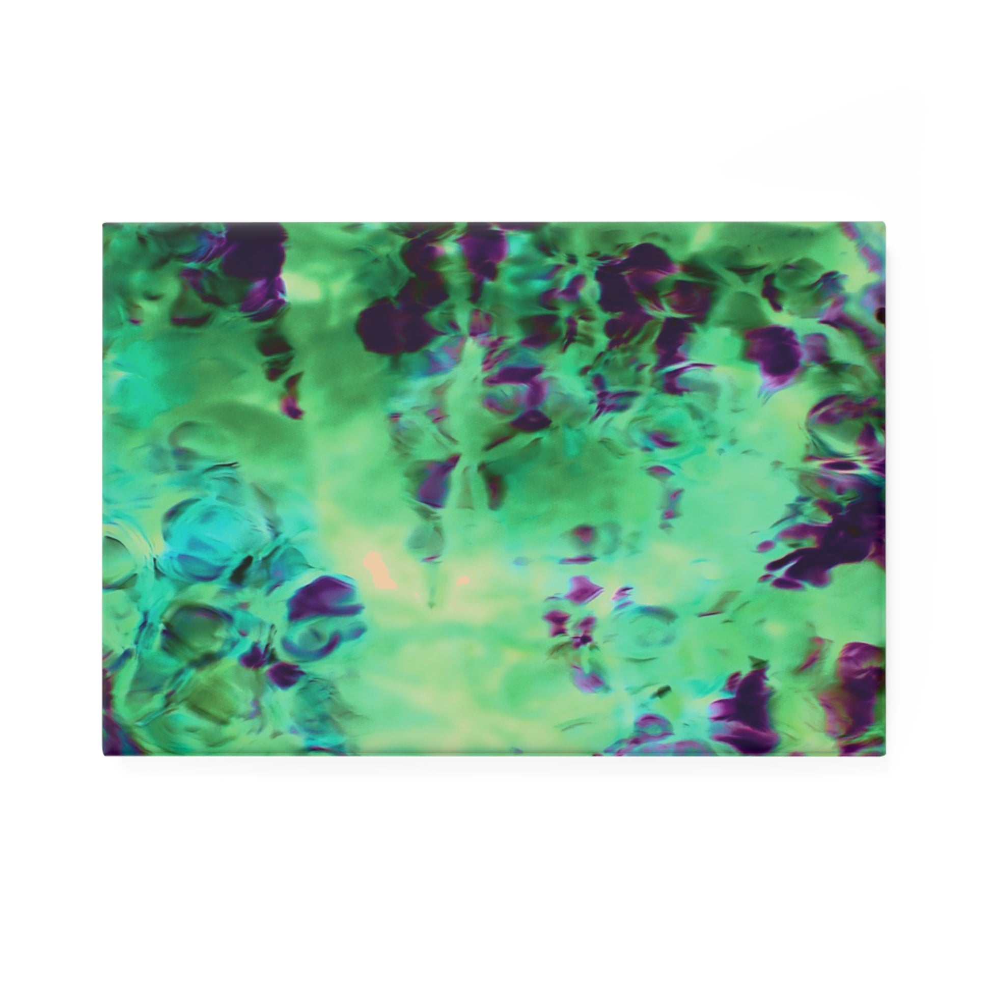 A rectangular button magnet with an image of a vivid green and purple water reflection design.
