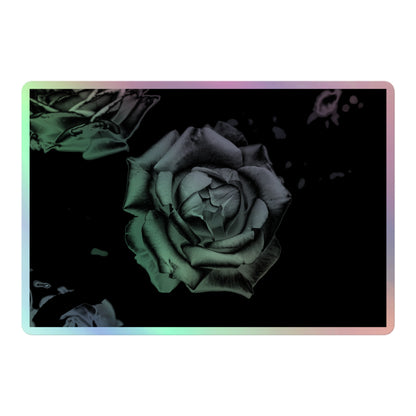 A large rectangular holographic sticker with an image of a grey charcoal rose design.