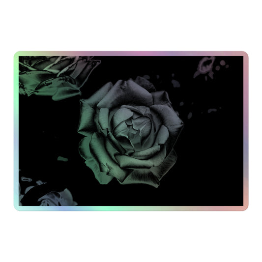 A large rectangular holographic sticker with an image of a grey charcoal rose design.