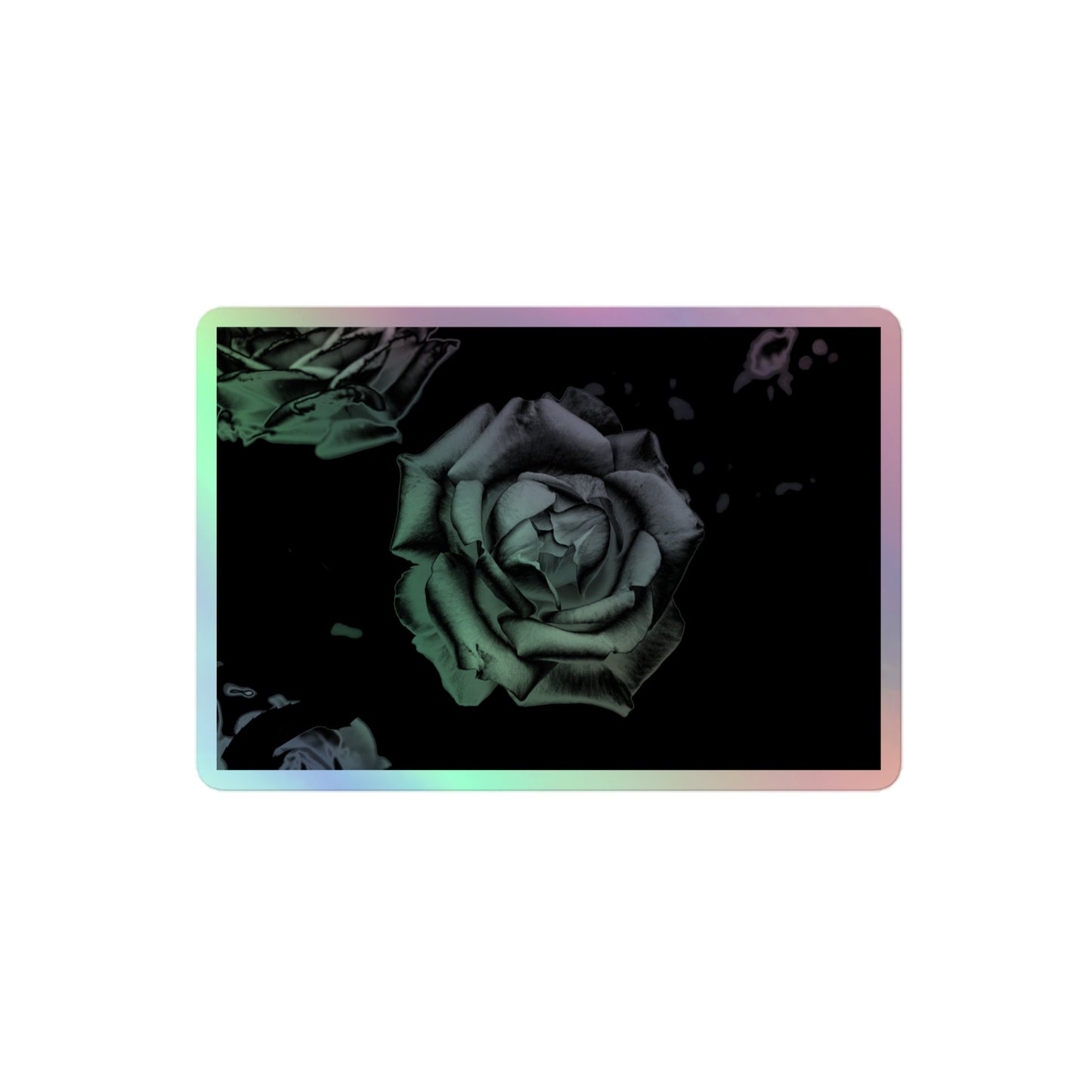 A medium rectangular holographic sticker with an image of a grey charcoal rose design.