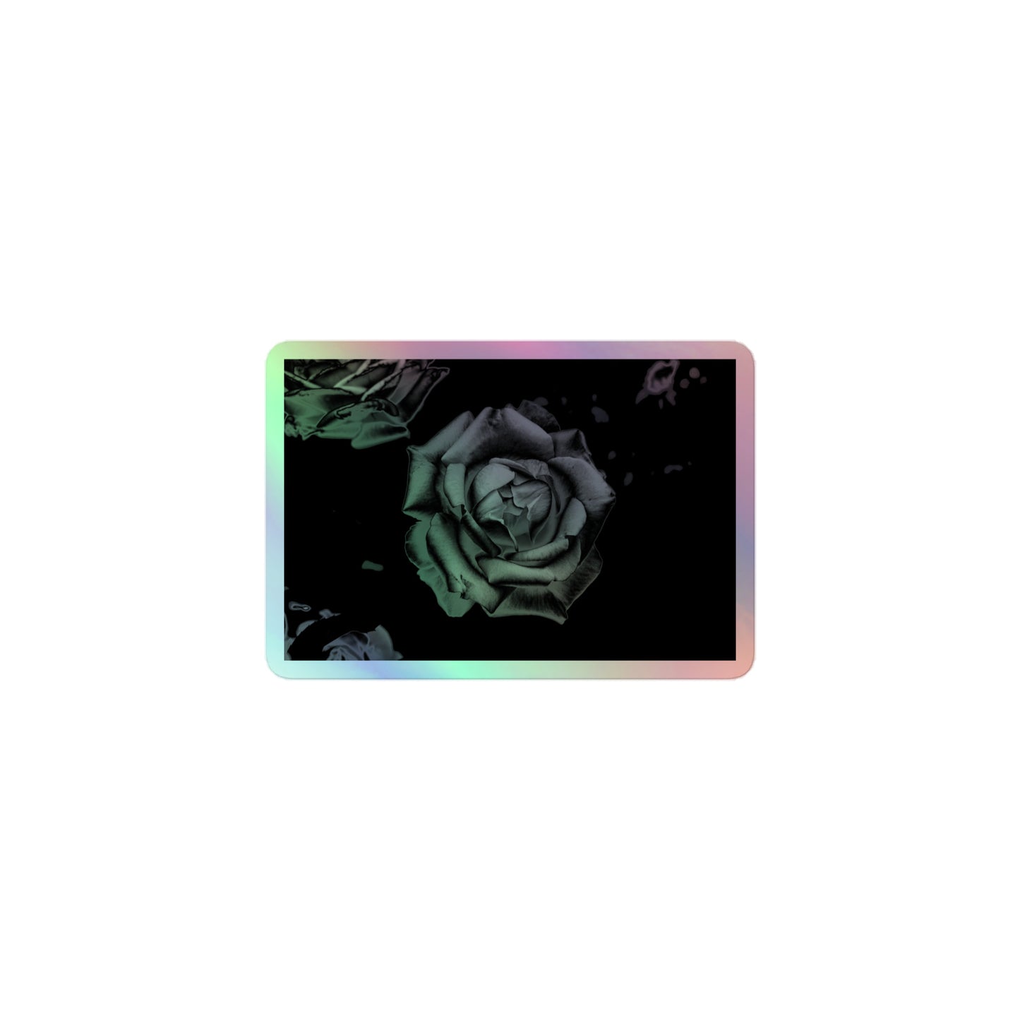 A small rectangular holographic sticker with an image of a grey charcoal rose design.