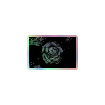 A small rectangular holographic sticker with an image of a grey charcoal rose design.